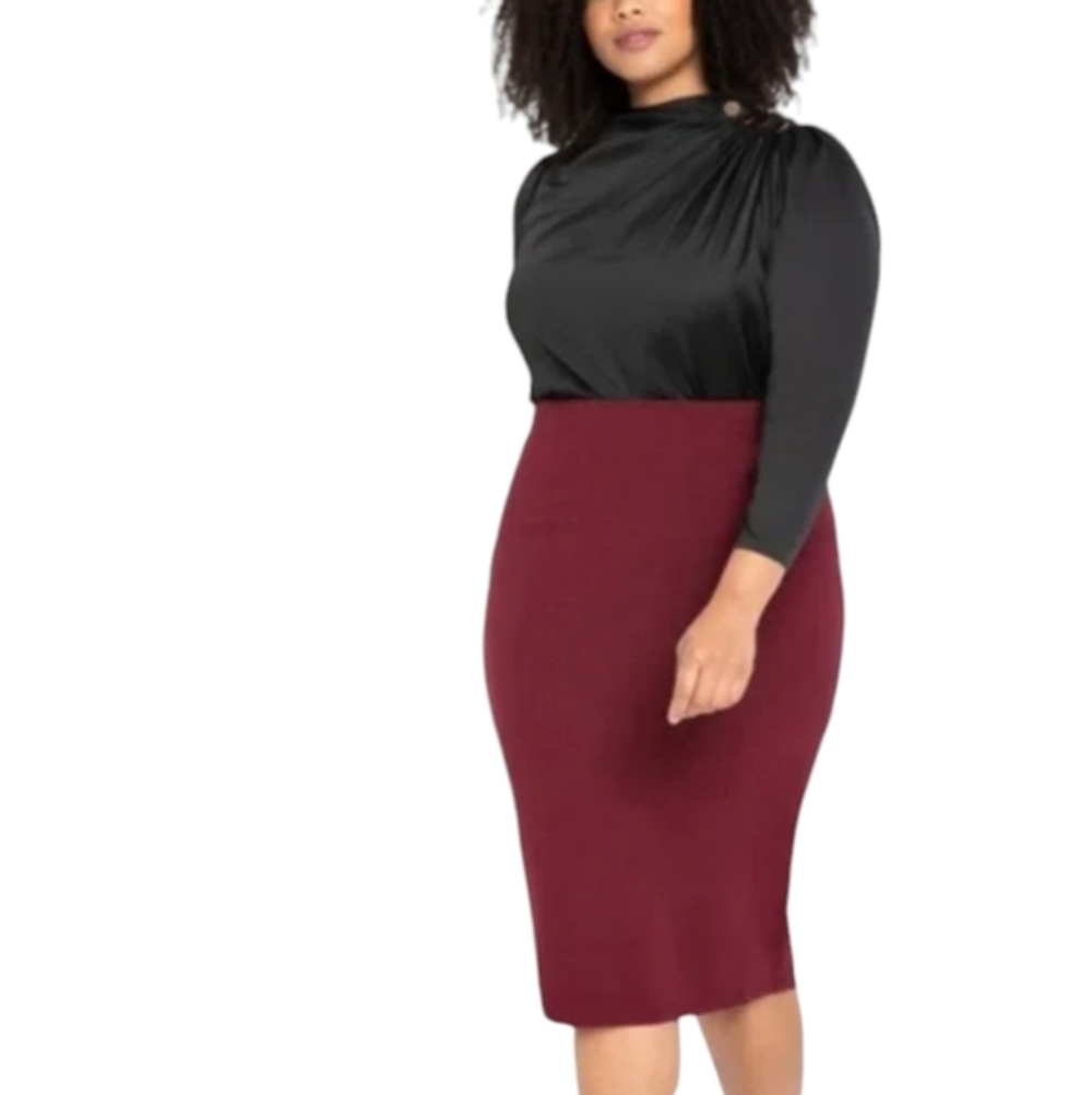 Eloquii Stretch Midi Bottom Zipper Burgundy Pencil Bandage Skirt Plus Size 20